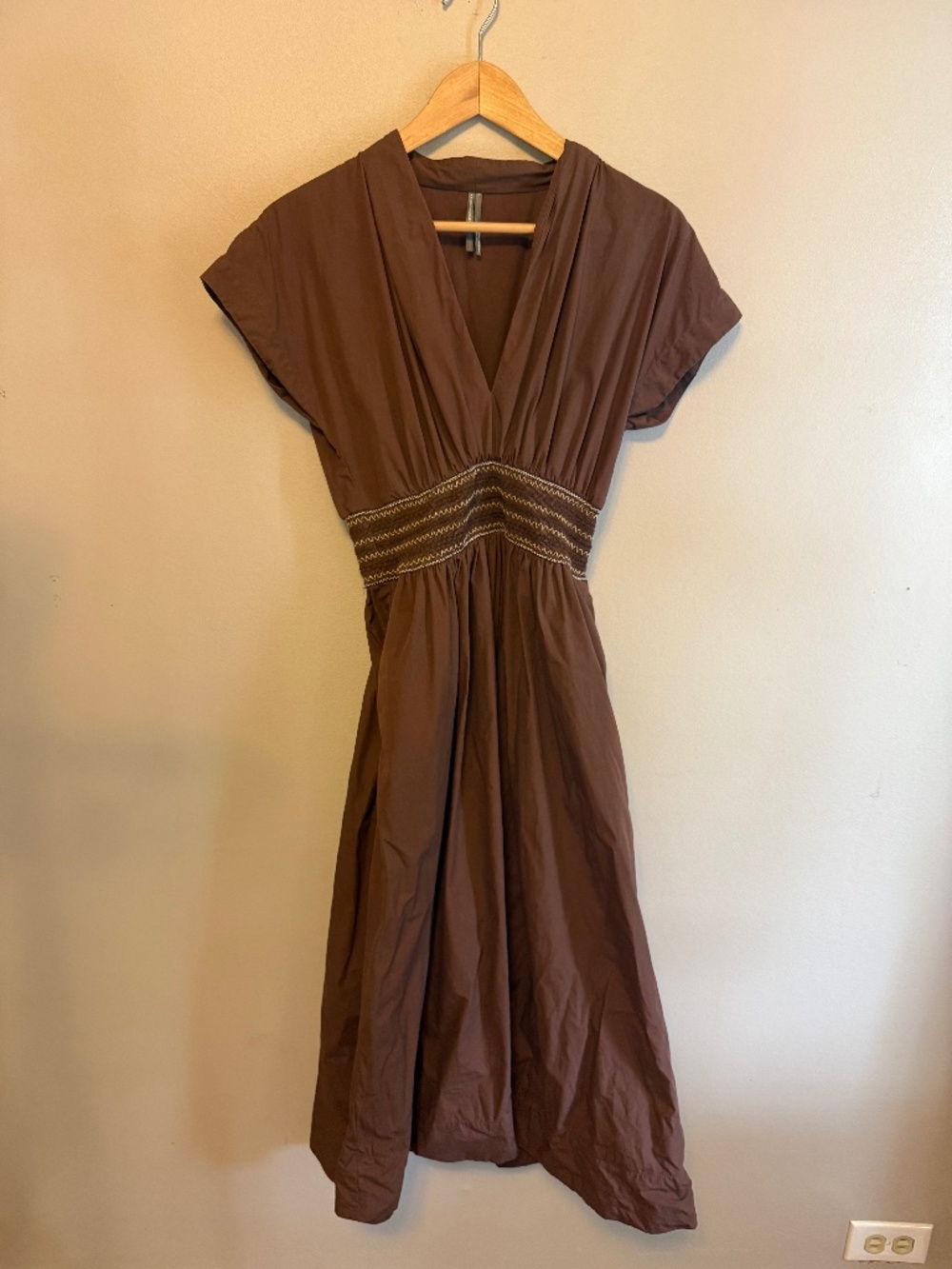 By Anthropologie Smocked Cotton Poplin Midi Dress Brown Size S - Picture 4 of 8